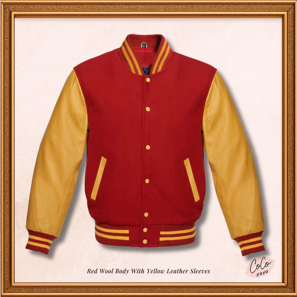 Red Wool and Genuine Yellow Leather Sleeves Varsity Jacket