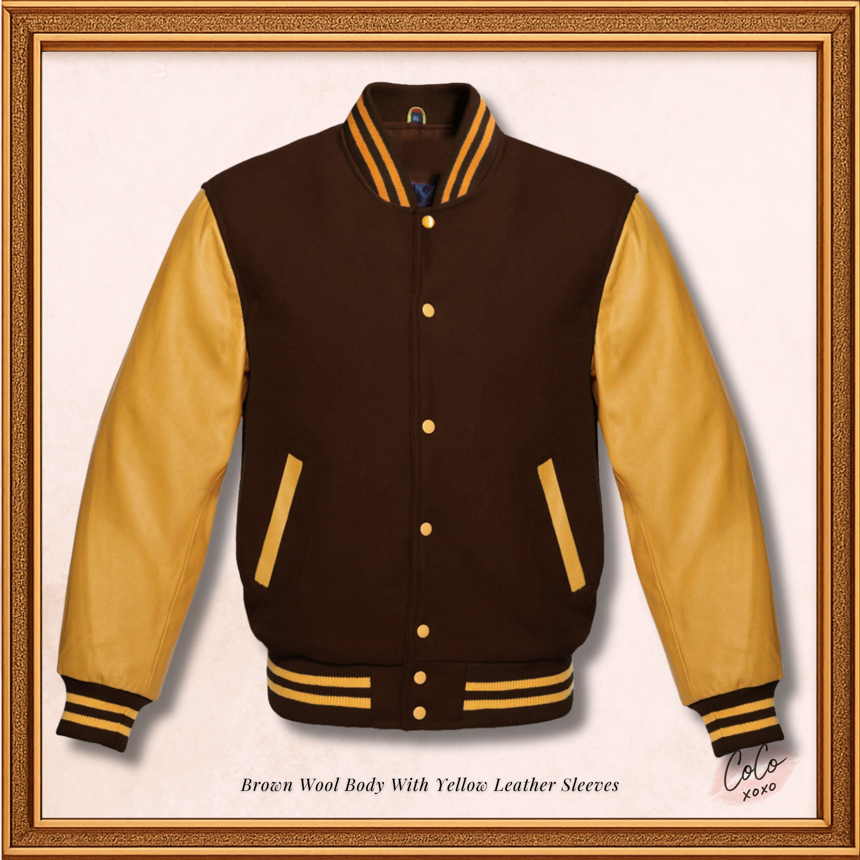 Brown Wool and Genuine Yellow Leather Sleeves Varsity Jacket