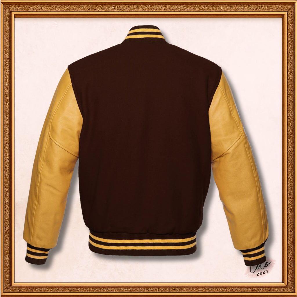 Brown Wool and Genuine Yellow Leather Sleeves Varsity Jacket