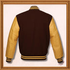 Brown Wool and Genuine Yellow Leather Sleeves Varsity Jacket
