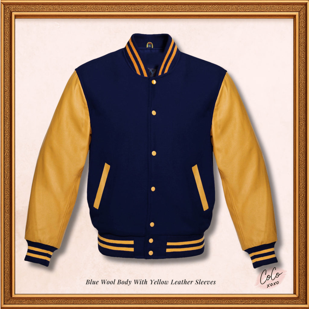 Marineblaue College-Jacke aus Wolle und echten gelben Lederärmeln 