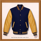 Marineblaue College-Jacke aus Wolle und echten gelben Lederärmeln 