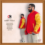 Red Wool and Genuine Yellow Leather Sleeves Varsity Jacket