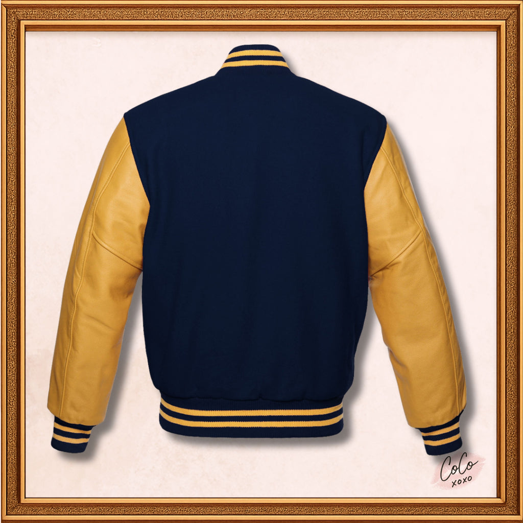 Marineblaue College-Jacke aus Wolle und echten gelben Lederärmeln 