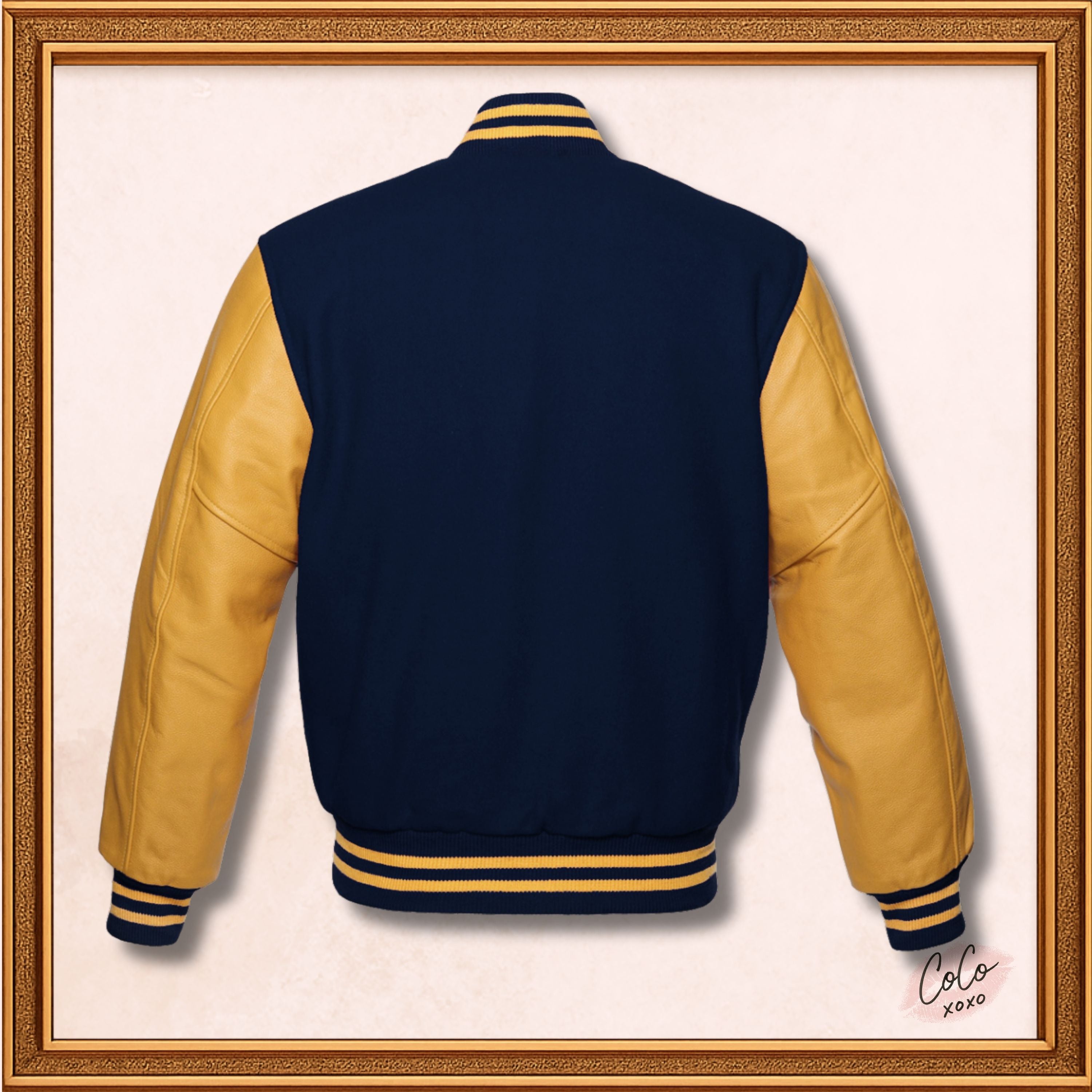 Navy Blue Wool and Genuine Yellow Leather Sleeves Varsity Jacket