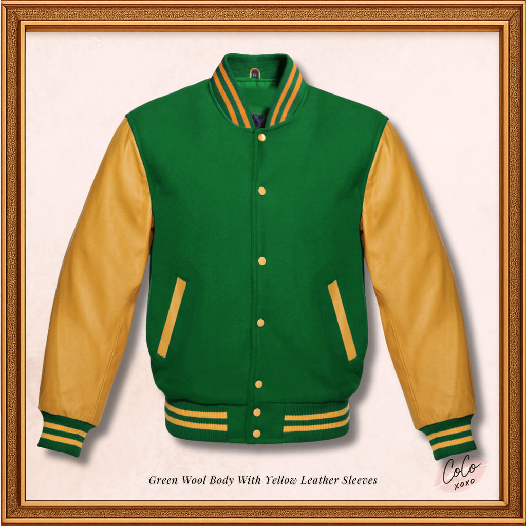 Green Wool and Genuine Yellow Leather Sleeves Varsity Jacket