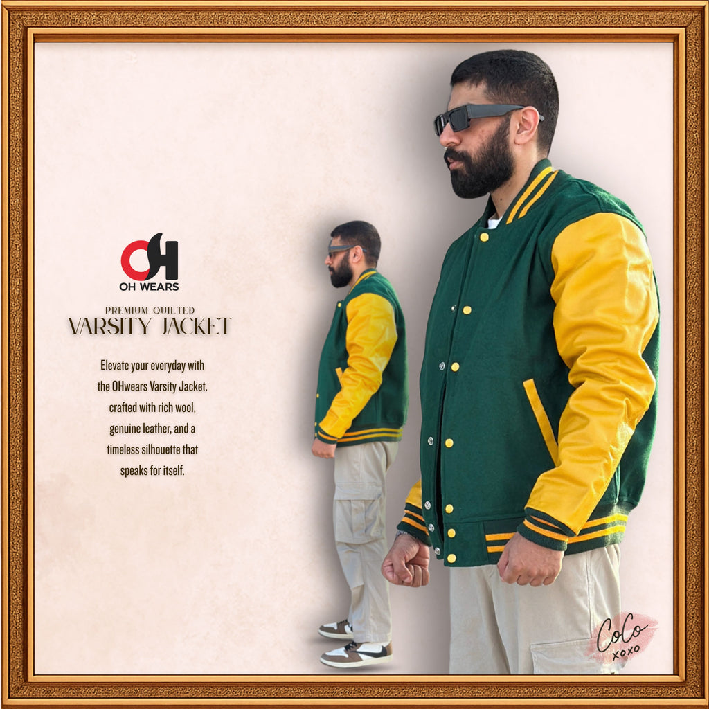Green Wool and Genuine Yellow Leather Sleeves Varsity Jacket