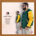 Green Wool and Genuine Yellow Leather Sleeves Varsity Jacket