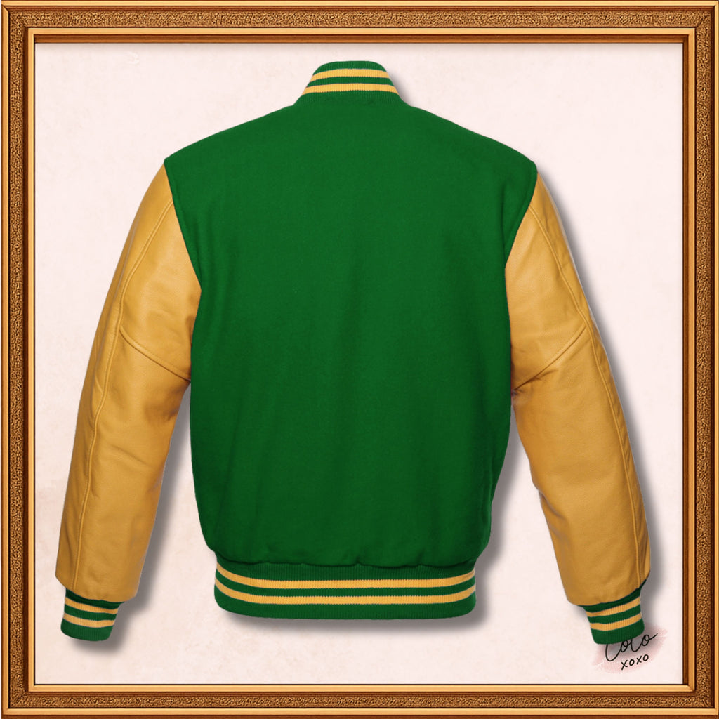 Green Wool and Genuine Yellow Leather Sleeves Varsity Jacket