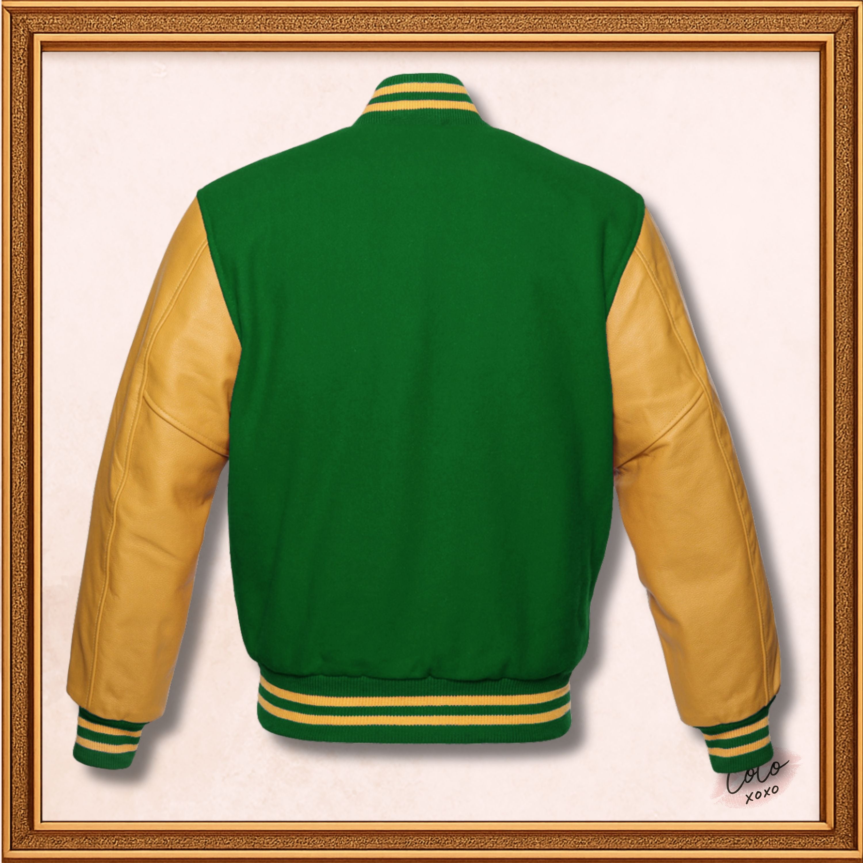 Green Wool and Genuine Yellow Leather Sleeves Varsity Jacket