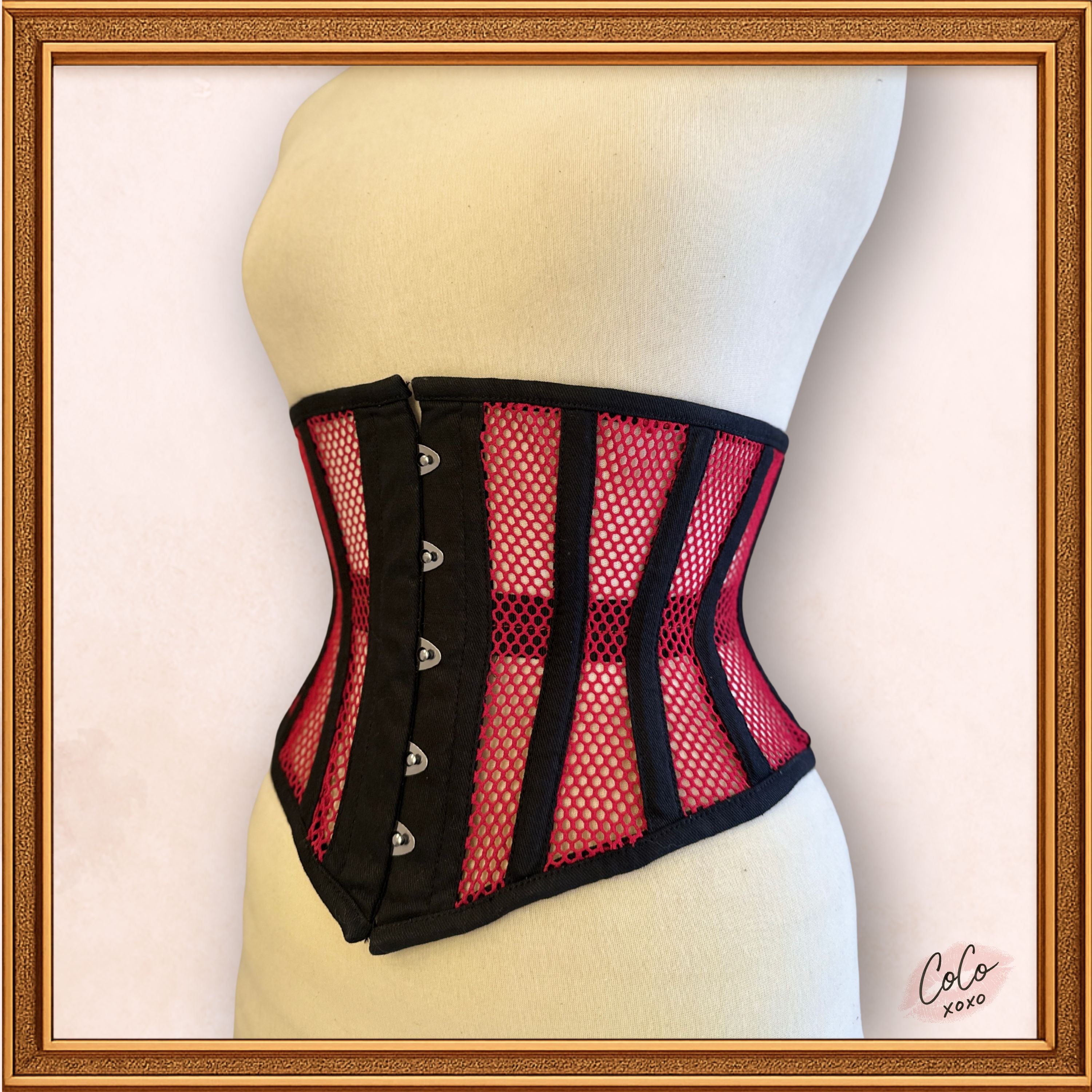 Black/Red Cotton Mesh Midbust/Waspie Corset