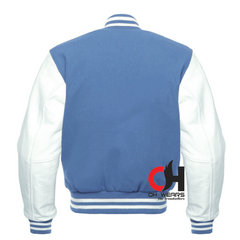 Chaqueta universitaria con mangas de cuero blanco genuino de lana azul 