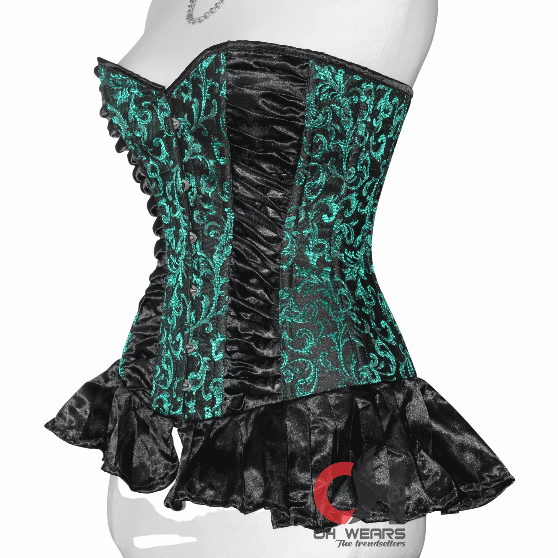 Heavy Duty Steel Boned Over Bust Waist Training Green Brocade Satin Corset