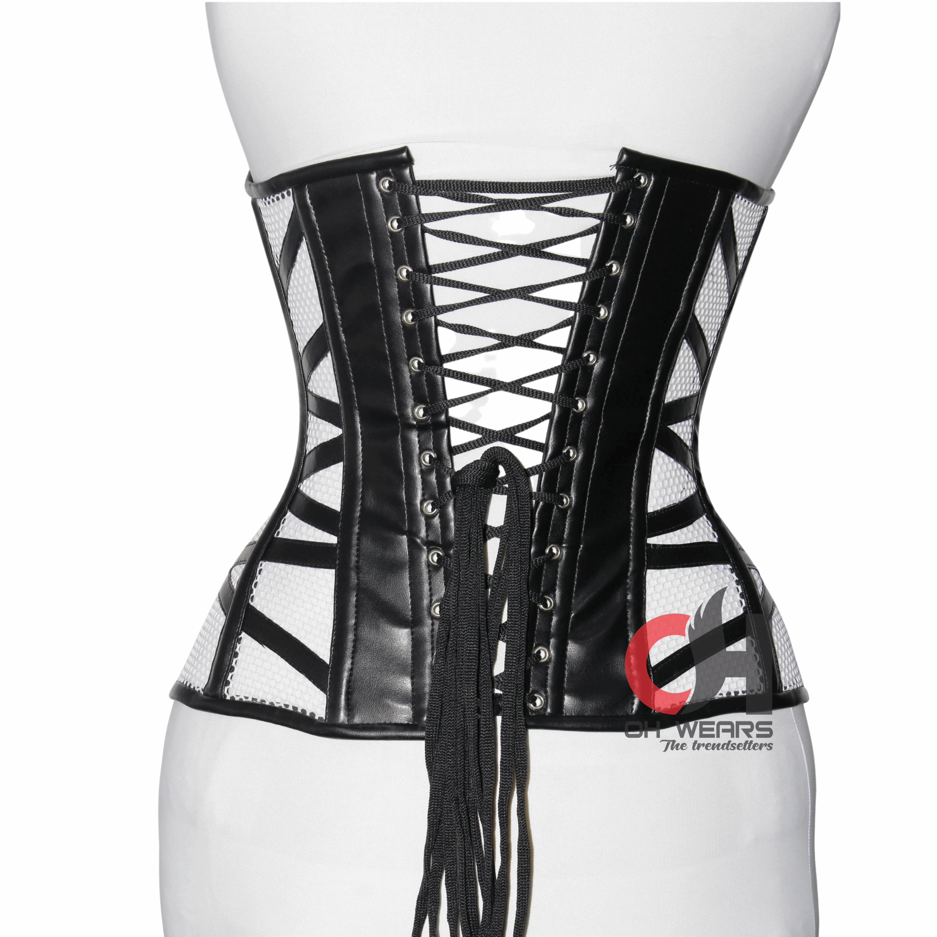 Heavy Duty Steel Boned Over Bust Waist Training Black Faux Leather Mesh Truly Waist Trainer Corsets