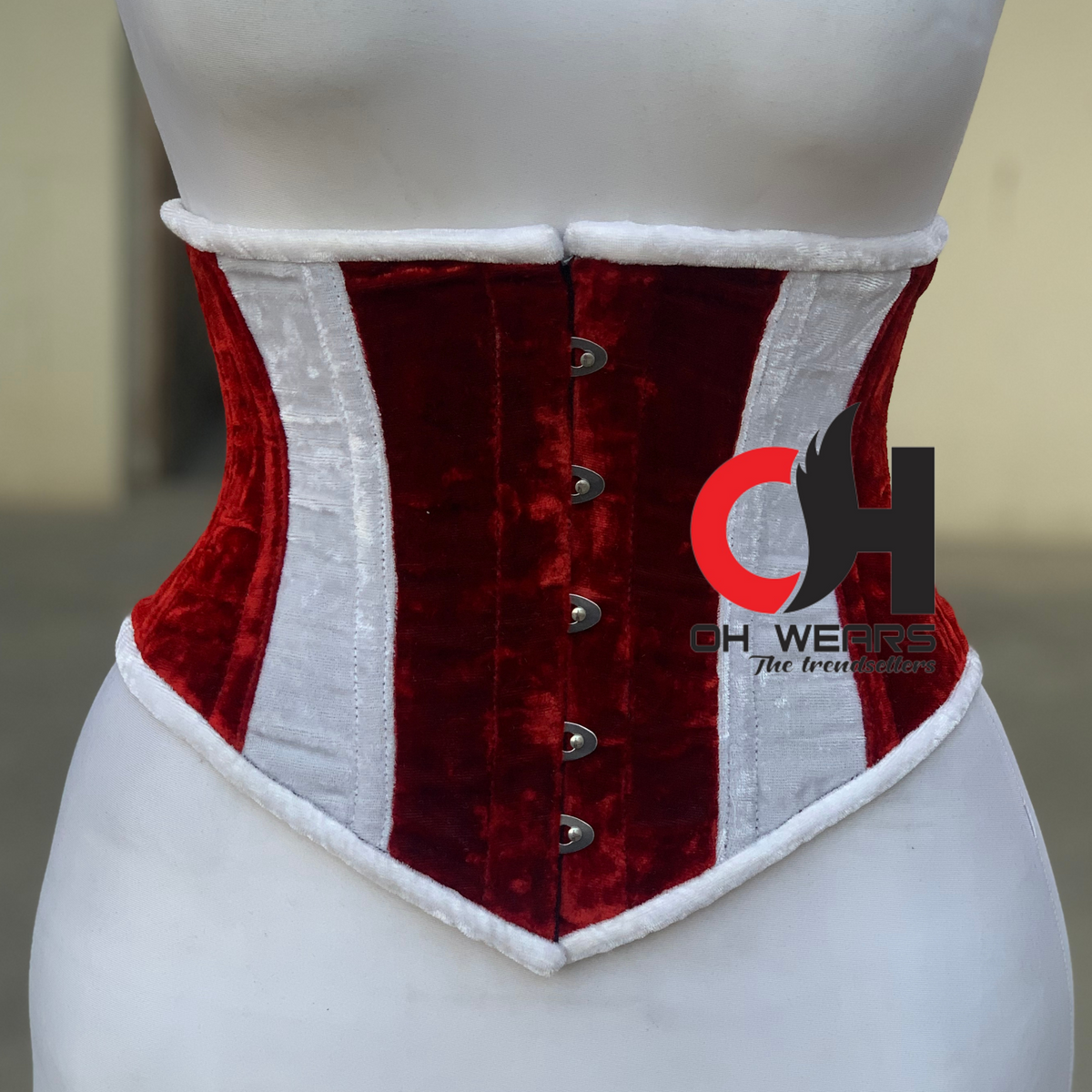 Bustier corsé navideño rojo con detalles de bastón de caramelo