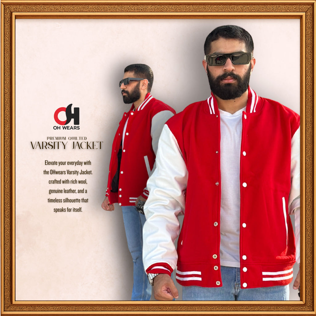 Men’s Red and White Varsity Jacket, Varsity Jacket with Red Blend Wool and White Leather Sleeves Children’s Baseball Jacket Women