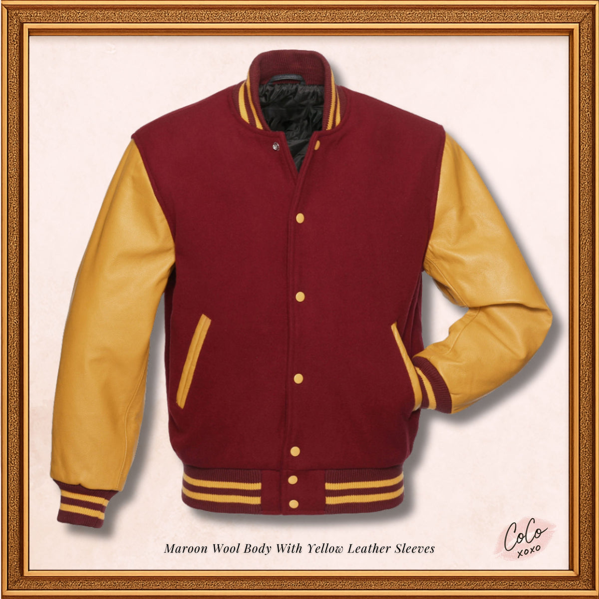 College-Jacke aus kastanienbrauner Wolle und echten gelben Lederärmeln 