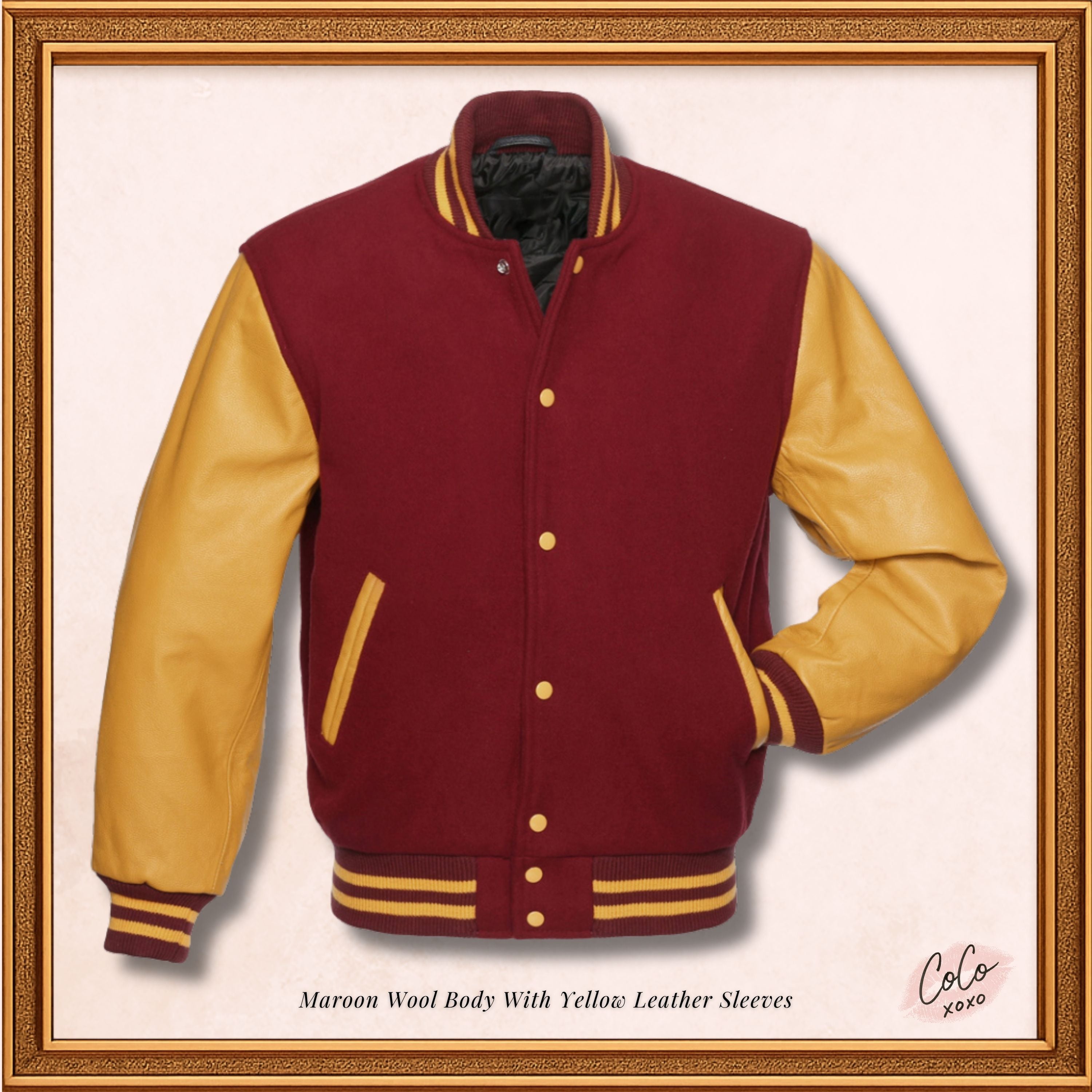 Maroon Wool and Genuine Yellow Leather Sleeves Varsity Jacket