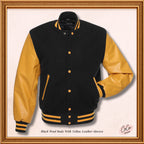 Black Wool Gold Leather Sleeves Varsity Jacket
