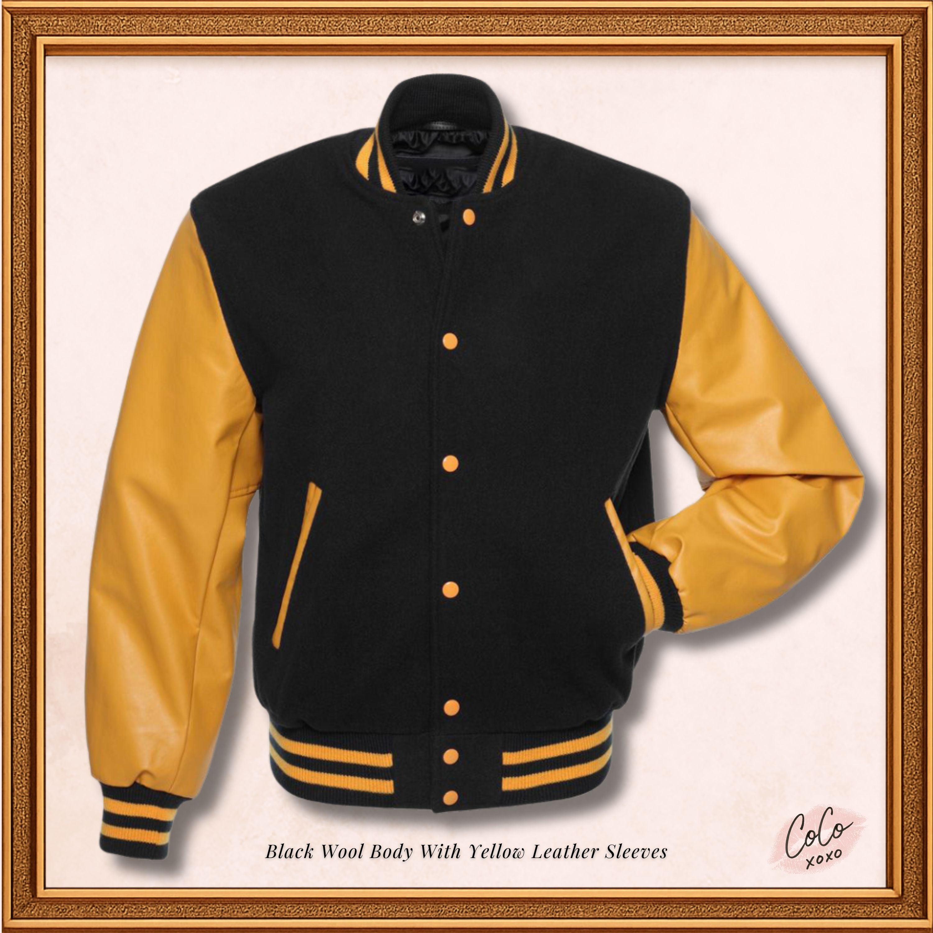 Black Wool Gold Leather Sleeves Varsity Jacket