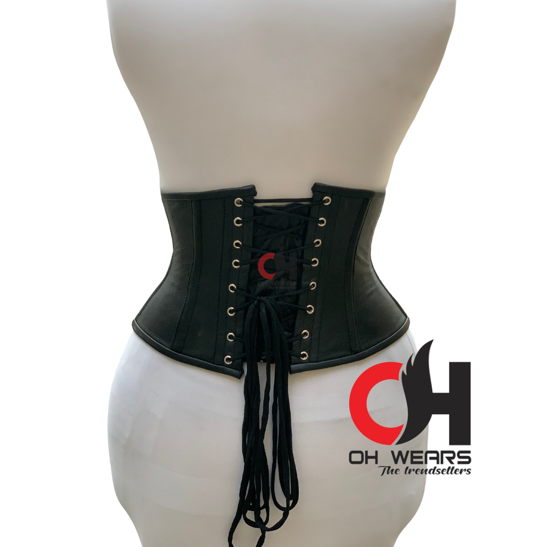 Black Leather Underbust Corset Steel Boned