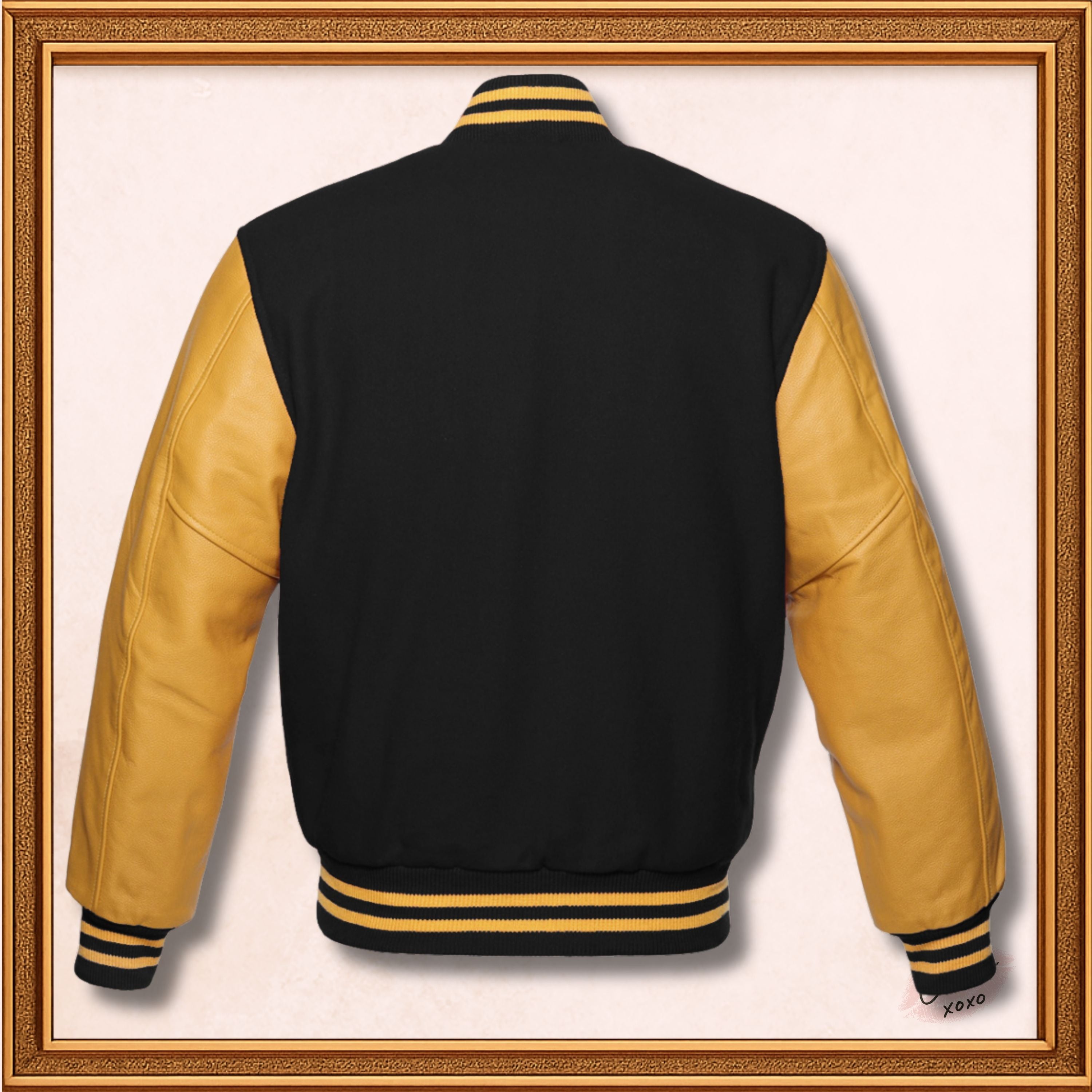 Black Wool Gold Leather Sleeves Varsity Jacket