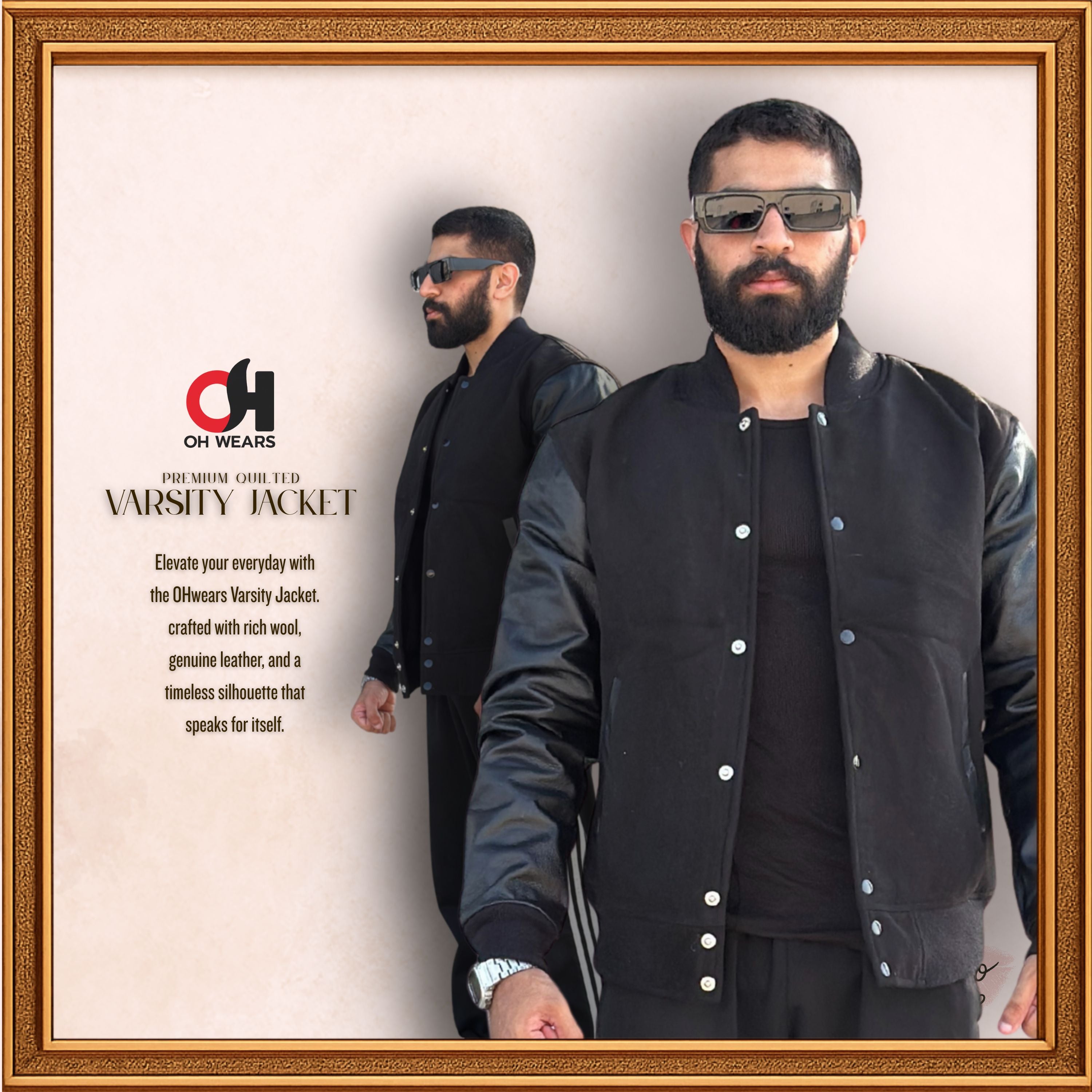 Black Wool and Genuine Black Leather Sleeves Varsity Jacket