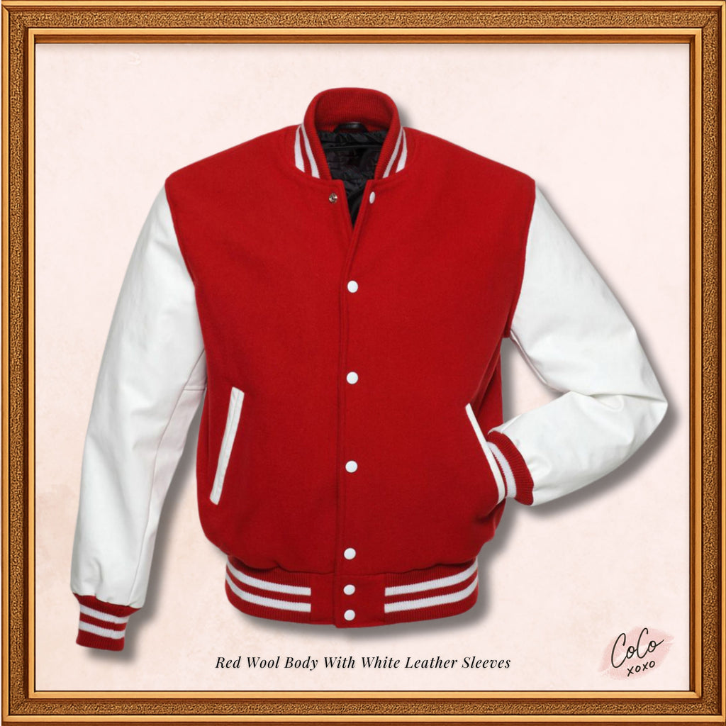 Men’s Red and White Varsity Jacket, Varsity Jacket with Red Blend Wool and White Leather Sleeves Children’s Baseball Jacket Women