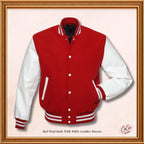 Men’s Red and White Varsity Jacket, Varsity Jacket with Red Blend Wool and White Leather Sleeves Children’s Baseball Jacket Women