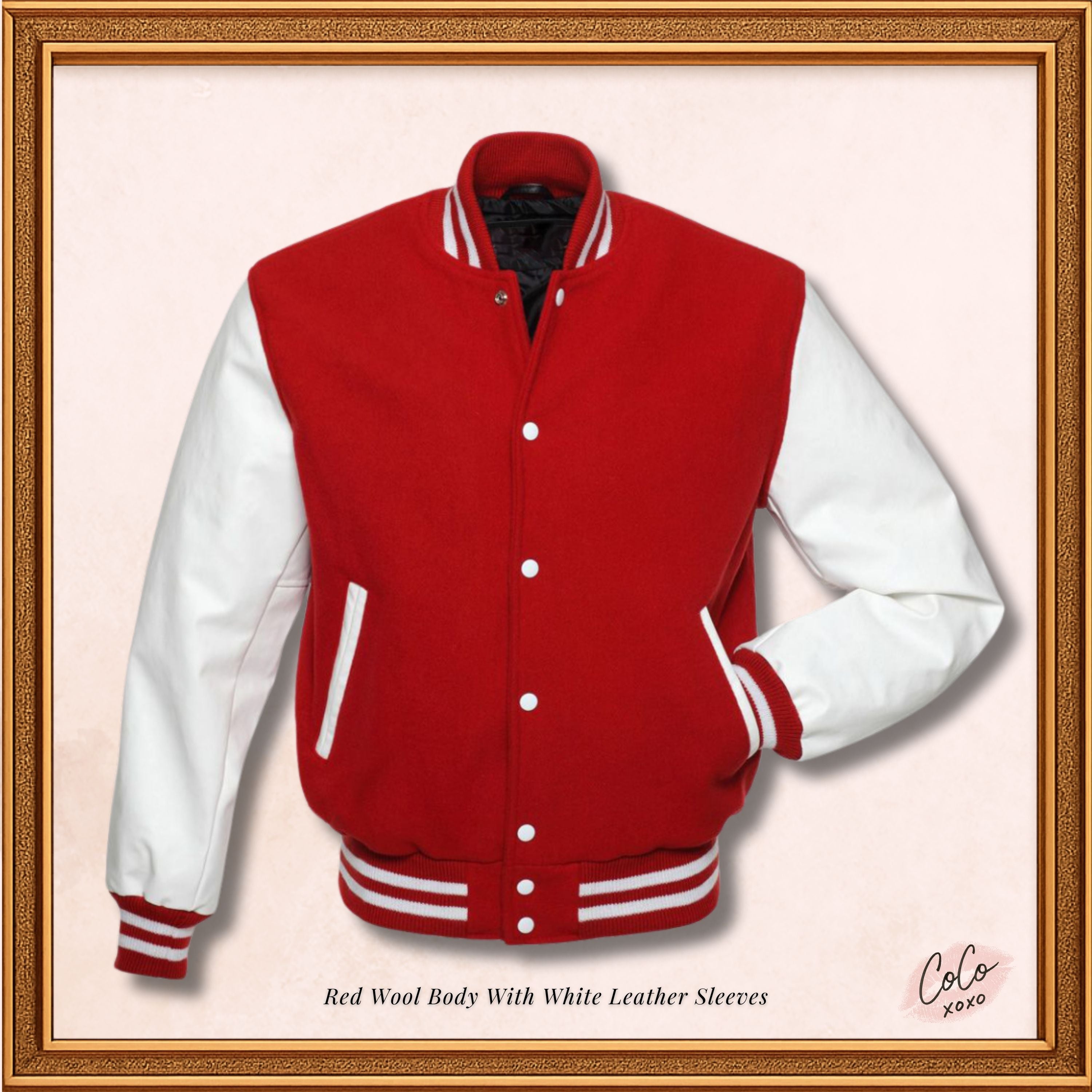 Men’s Red and White Varsity Jacket, Varsity Jacket with Red Blend Wool and White Leather Sleeves Children’s Baseball Jacket Women