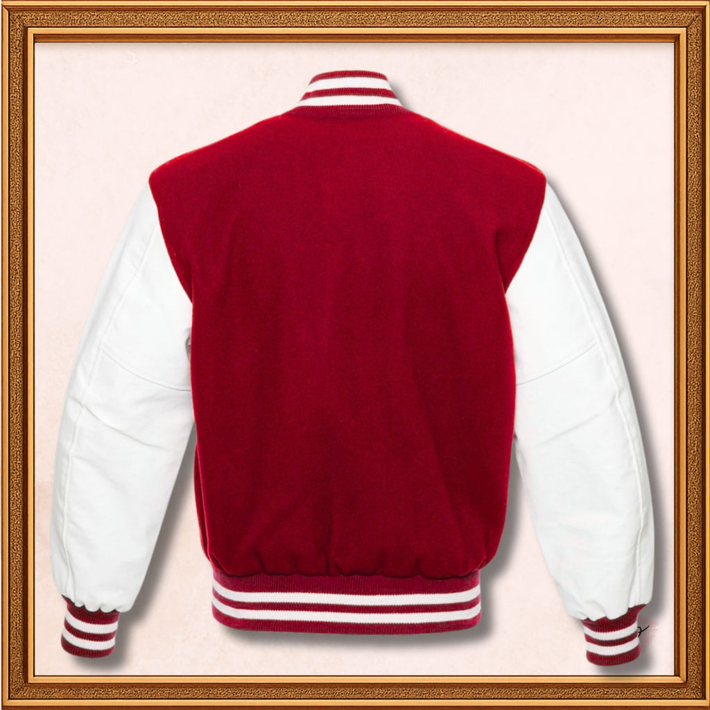 Men’s Red and White Varsity Jacket, Varsity Jacket with Red Blend Wool and White Leather Sleeves Children’s Baseball Jacket Women