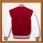 Men’s Red and White Varsity Jacket, Varsity Jacket with Red Blend Wool and White Leather Sleeves Children’s Baseball Jacket Women