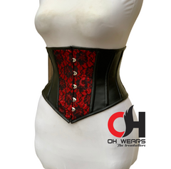 Black Leather and Red Brocade Underbust Corset Double Steel Boned Customizable Leather Bustier Corset