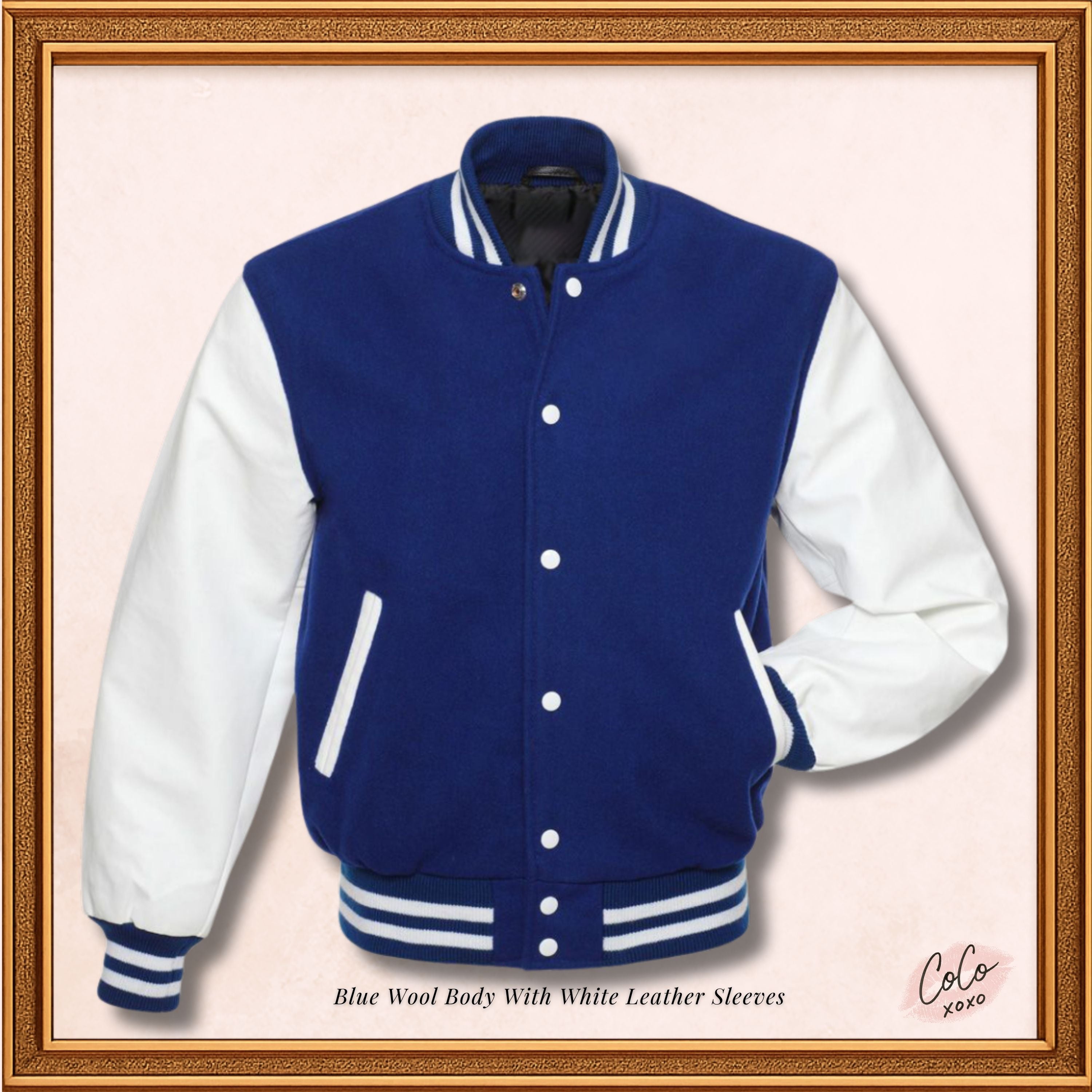 Blue Wool Genuine White Leather Sleeves Varsity Jacket