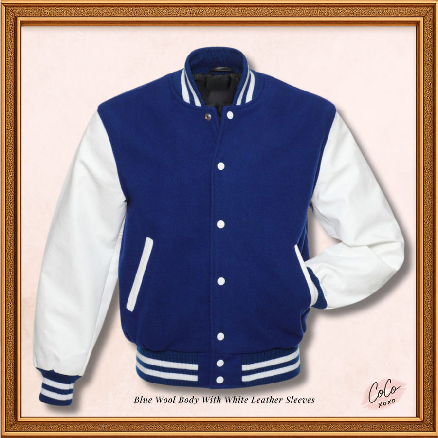 Chaqueta universitaria con mangas de cuero blanco genuino de lana azul 