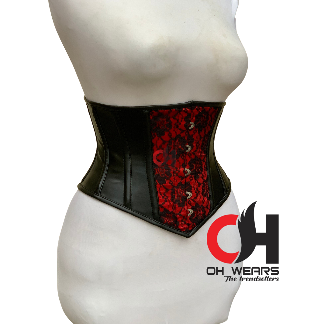 Black Leather and Red Brocade Underbust Corset Double Steel Boned Customizable Leather Bustier Corset