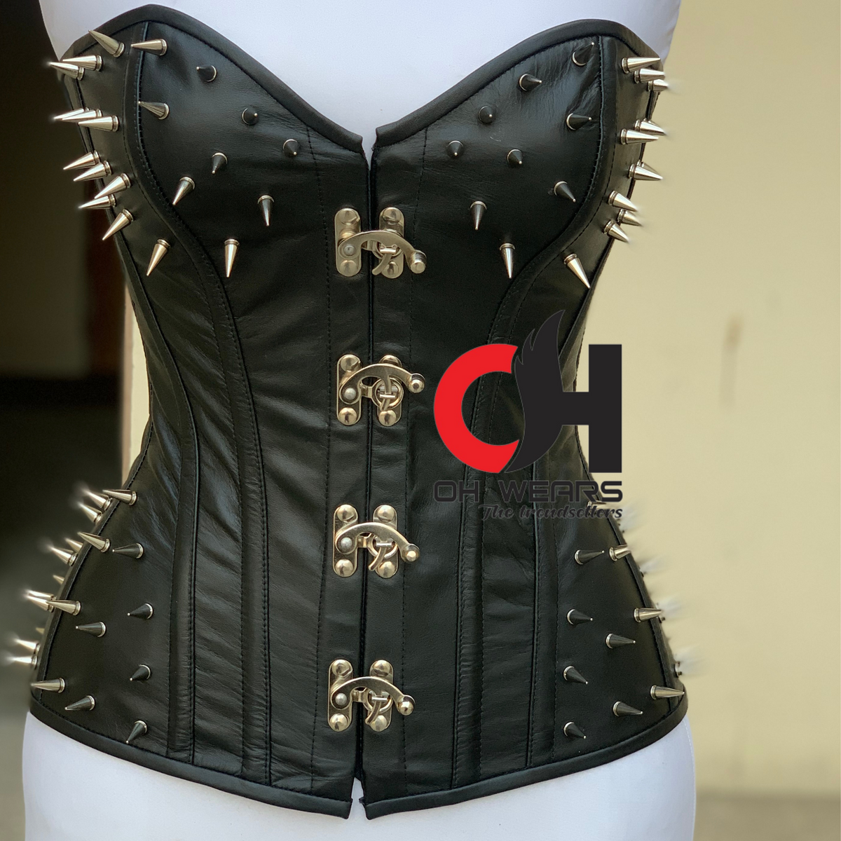 Halloween Spikes/Bullet Overbust Red Leather Corset With Clasp Closure