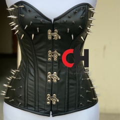 Halloween Spikes/Bullet Overbust Red Leather Corset With Clasp Closure