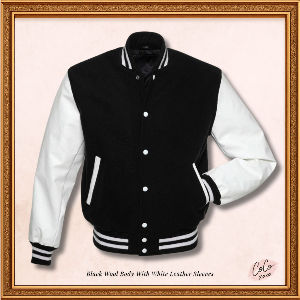 Black Wool Genuine White Leather Sleeves Varsity Jacket