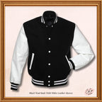 Black Wool Genuine White Leather Sleeves Varsity Jacket