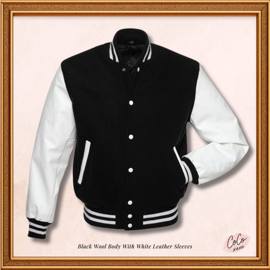 Chaqueta universitaria con mangas de cuero blanco genuino de lana negra 