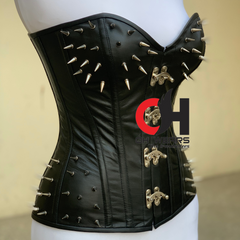 Halloween Spikes/Bullet Overbust Red Leather Corset With Clasp Closure