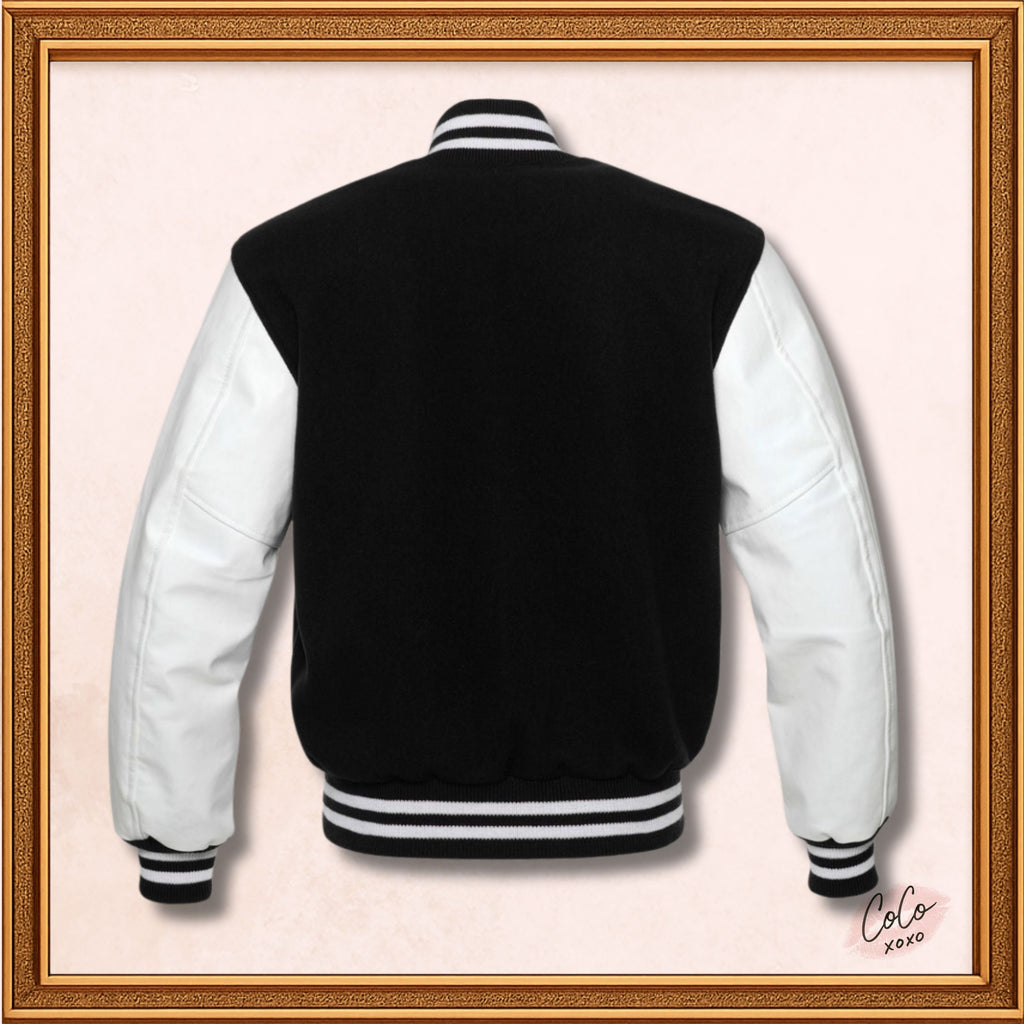 Black Wool Genuine White Leather Sleeves Varsity Jacket