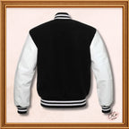 Black Wool Genuine White Leather Sleeves Varsity Jacket
