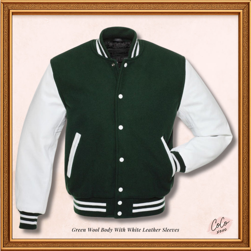 Green Wool Genuine White Leather Sleeves Varsity Jacket