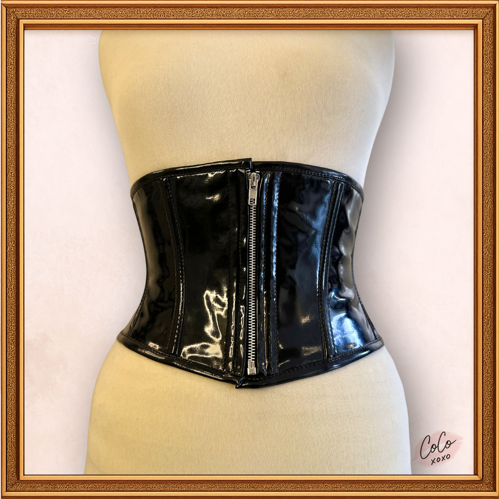 Gothic Shiny Black PVC Underbust Zip Up Latex Mini Corset