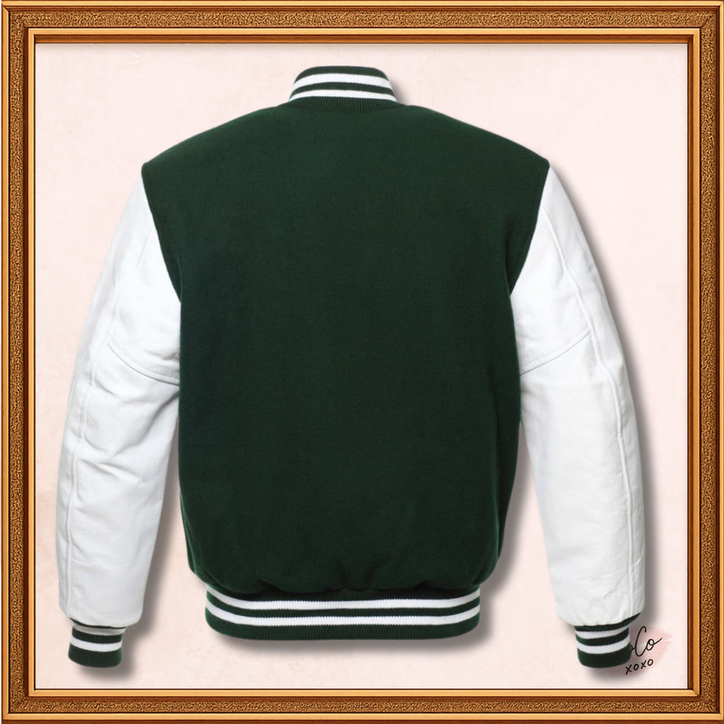 Green Wool Genuine White Leather Sleeves Varsity Jacket