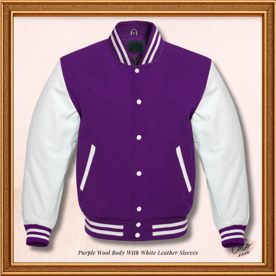 Purple Wool Genuine White Leather Sleeves Varsity Jacket - White Ribs