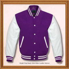 Purple Wool Genuine White Leather Sleeves Varsity Jacket - White Ribs