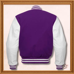 Purple Wool Genuine White Leather Sleeves Varsity Jacket - White Ribs
